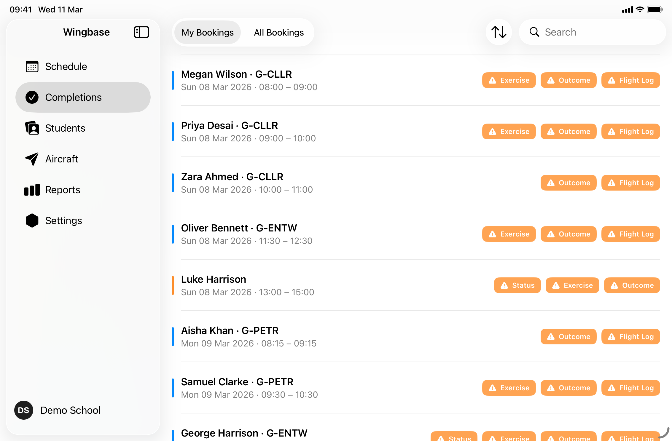 Wingbase calendar with lessons, hires and maintenance