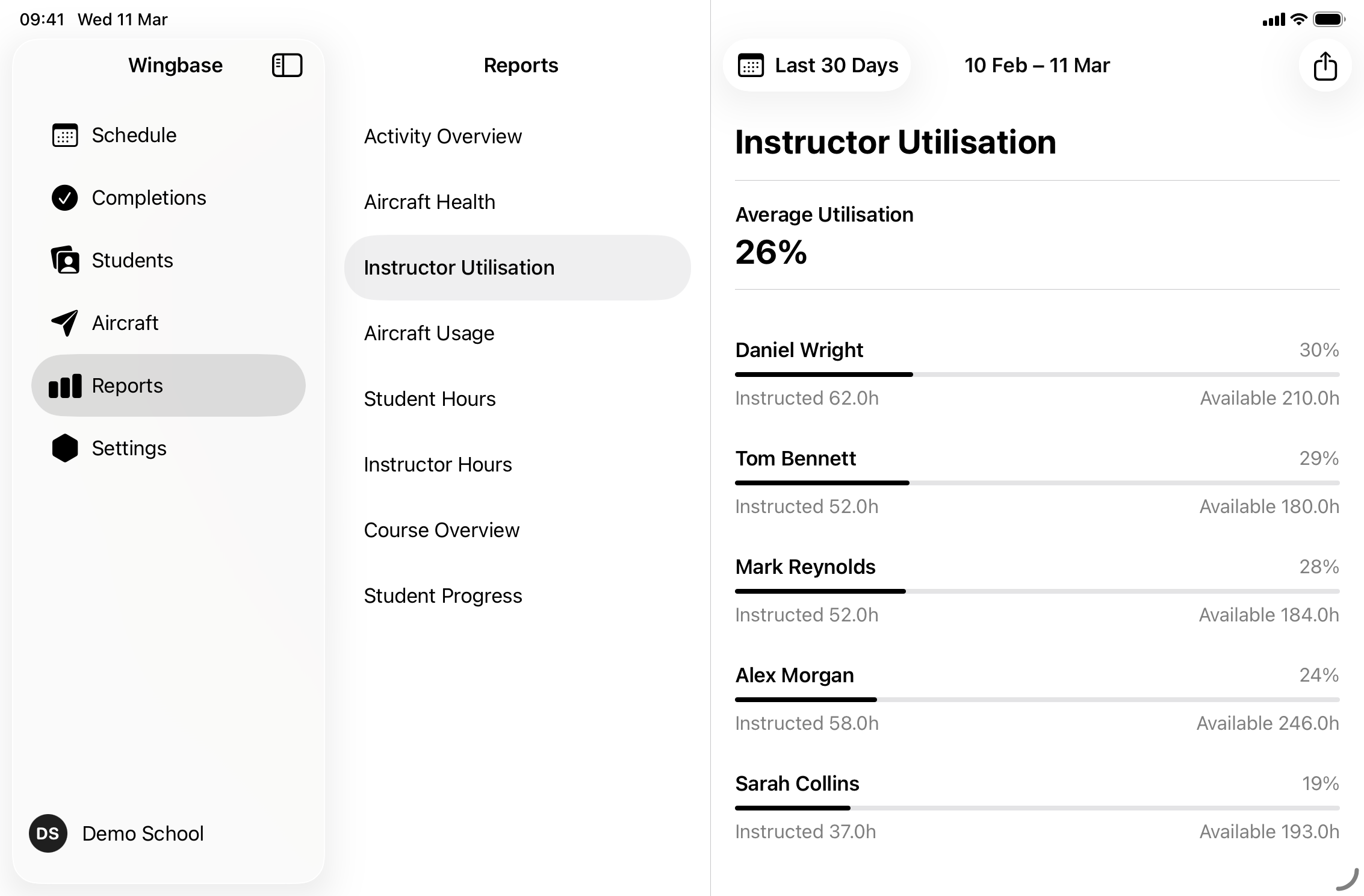 Wingbase calendar with lessons, hires and maintenance