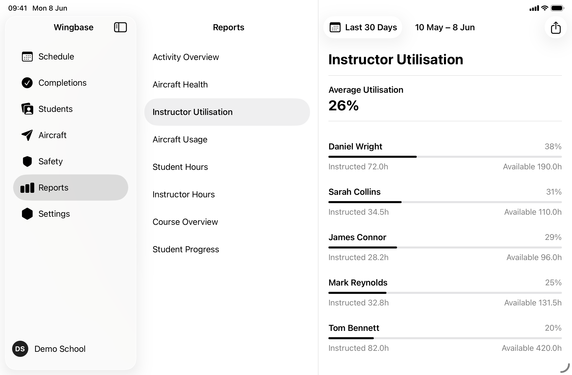 Wingbase calendar with lessons, hires and maintenance